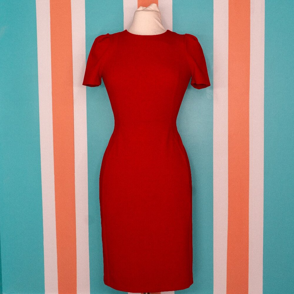 Calvin Klein Fitted Bodycon Tailored Red Dress w/ Puff Sleeves